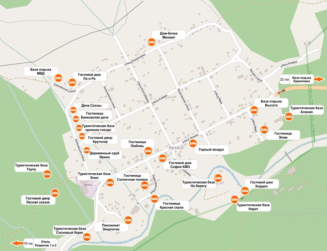 Карта расположения гостиниц Архыза