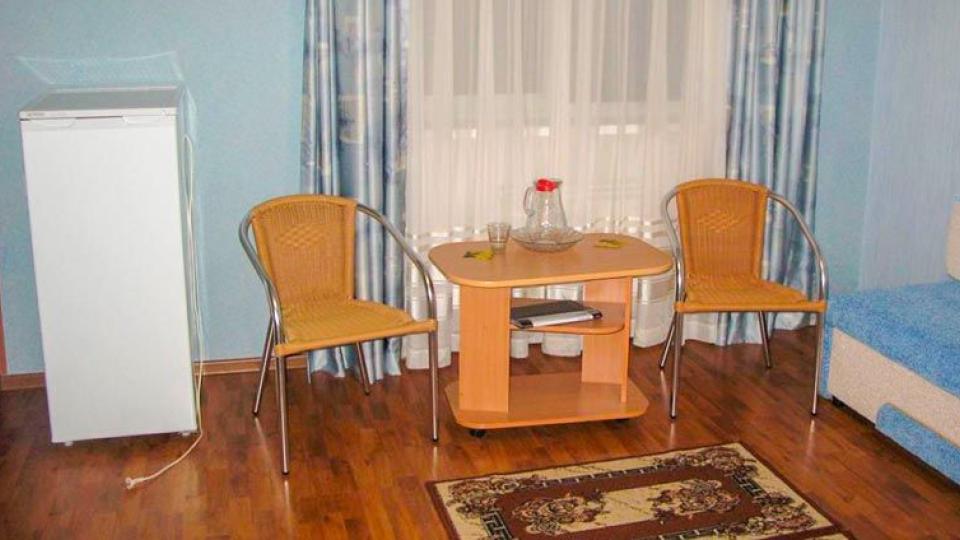 Диван, столик, стулья и холодильник в номере стандарт. Гостевой дом София в Геленджике